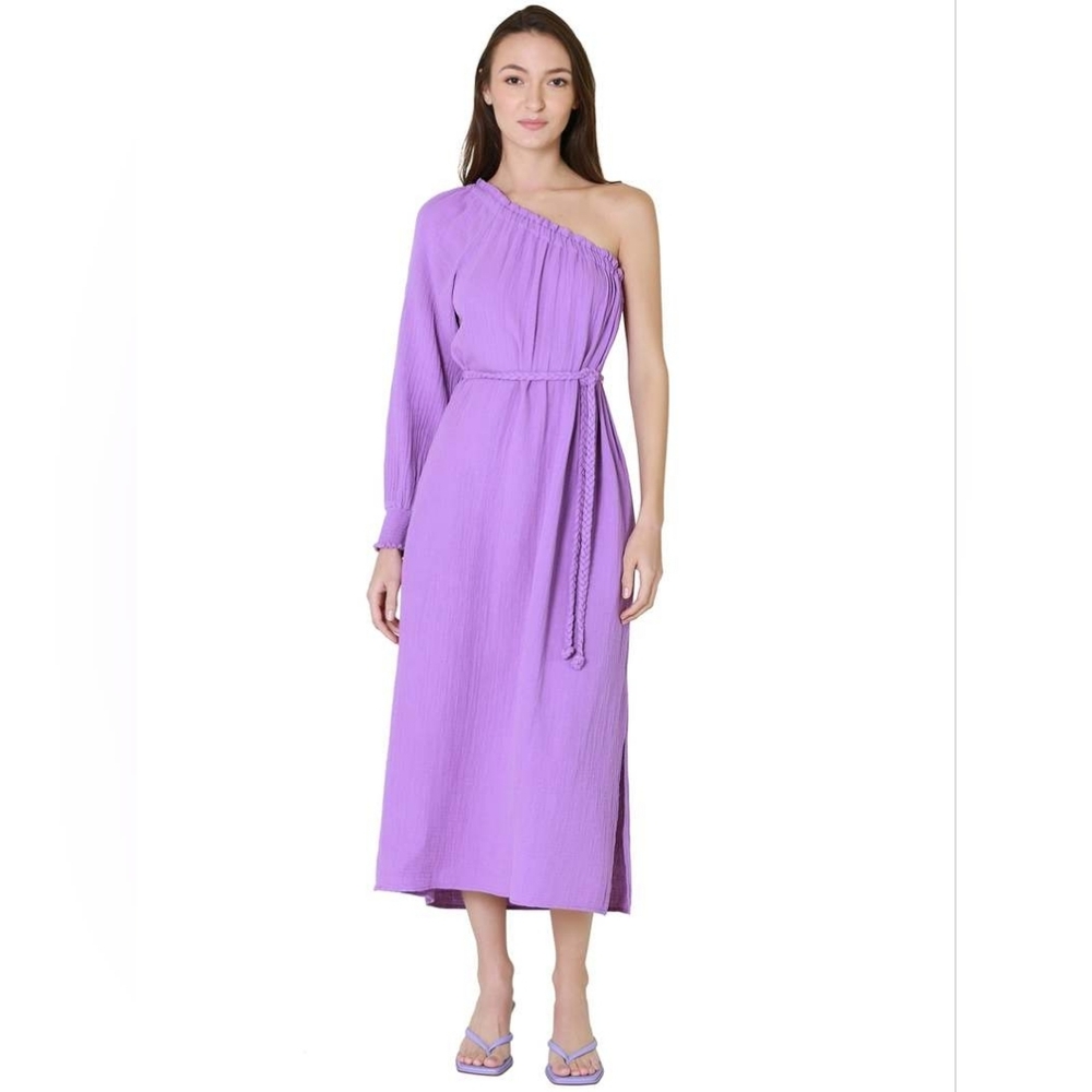 Xirena Aveline Slub Cotton Plumeria Midi One Shoulder Braided Belt Dress Size XL